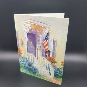 Vintage Greeting Card USA Flag Front Porch with Flowers Art Unused Envelope‎